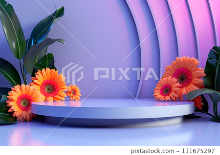 3d render, abstract minimal scene with geometrical forms, podiums, palm leaves, flowers on a purple background. 111675297