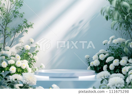 3d render, abstract minimal scene with geometrical forms, podiums, palm leaves, flowers on a blue background. 111675298