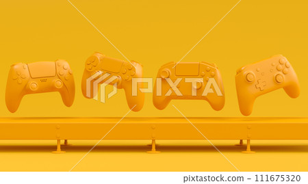 Set of gamer joysticks or gamepads on factory line on monochrome background Set of gamer joysticks or gamepads on factory line on monochrome background 111675320