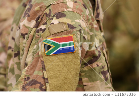 South Africa flag on soldiers arm. South Africa troops (collage) South Africa flag on soldiers arm. South Africa troops (collage) 111675336