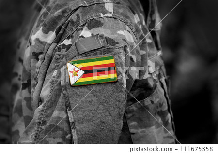 Zimbabwe flag on soldiers arm. Zimbabwe troops (collage) Zimbabwe flag on soldiers arm. Zimbabwe troops (collage) 111675358