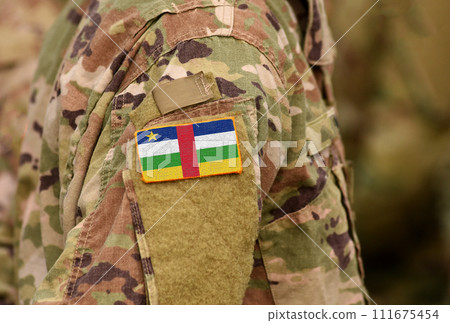 Central African Republic flag on soldiers arm. Central African Republic troops (collage) Central African Republic flag on soldiers arm. Central African Republic troops (collage) 111675454