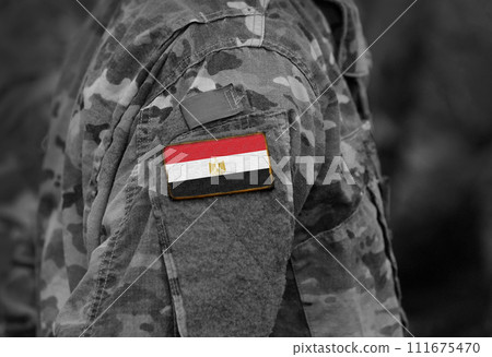 Flag of Egypt on soldiers arm. Army, troops, military, Africa (collage). Flag of Egypt on soldiers arm. Army, troops, military, Africa (collage). 111675470