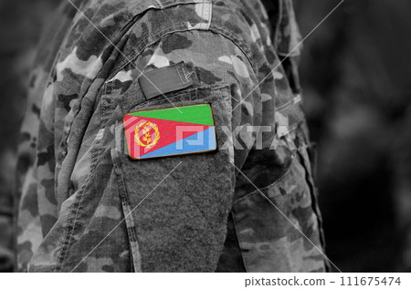 Flag of Eritrea on soldiers arm. Army, troops, military, Africa (collage). 111675474