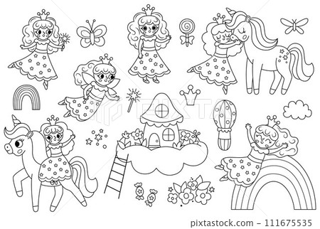 Vector black and white fairy set. Fantasy line sorceress with magic wand, crown, unicorn, rainbow, house on cloud. Fairytale line character collection. Cartoon magic princess coloring page Vector black and white fairy set. Fantasy line sorceress with magic wand, crown, unicorn, rainbow, house on cloud. Fairytale line character collection. Cartoon magic princess coloring page 111675535