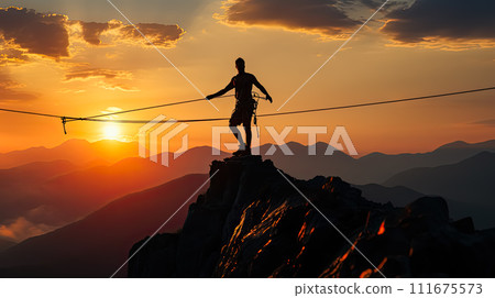 Sportsman courageously crossing a suspended bridge over an abyss in a canyon between mountains. 111675573