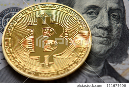 Money concept. Coin of Bitcoin with US dollars. 111675606