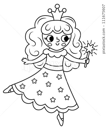 Vector black and white fairy icon. Fantasy outline sorceress with magic wand and crown. Fairytale line character in purple robe with stars. Cartoon magic princess outline picture coloring page 111675607