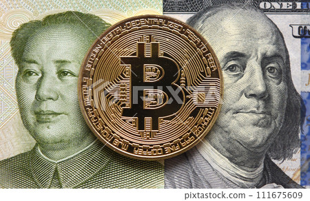 Money concept. Chinese Yuan, Bitcoin and one hundred dollars. Money concept. Chinese Yuan, Bitcoin and one hundred dollars. 111675609