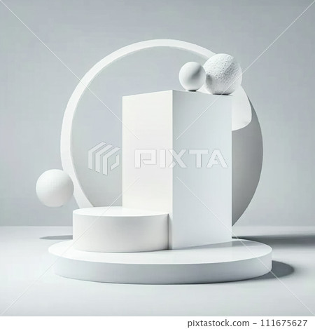 Realistic white 3D cylinder steps podium set with shadow and lighting. 111675627