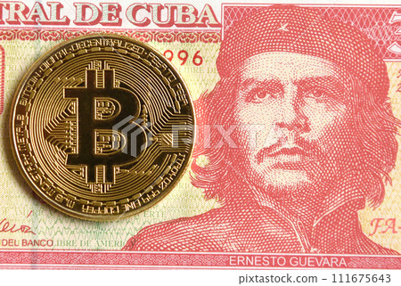 Cuban Peso with portrait of Ernesto Che Guevara and Bitcoin. Money concept. 111675643