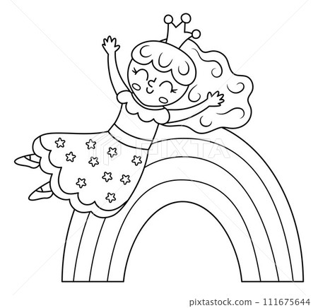 Vector black and white fairy icon. Fantasy sorceress with crown sliding down the rainbow with hands up. Fairytale line character in dress with stars. Cartoon magic princess outline picture coloring 111675644