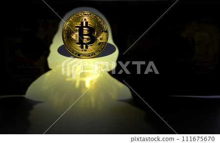 Bitcoin concept. New world currency. Gold coin of Bitcoin and silhouette of Benjamin Franklin on the one hundred dollars USA. Money concept. Bitcoin concept. New world currency. Gold coin of Bitcoin and silhouette of Benjamin Franklin on the one hundred dollars USA. Money concept. 111675670