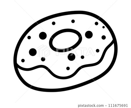 Vector black and white doughnut with icing. Fairytale themed birthday dessert. Cute line magic candy bar design element. Sweet bakery icon or coloring page 111675691