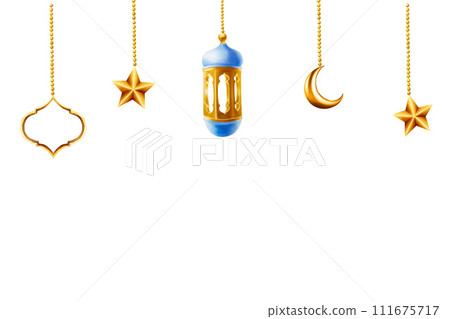 Watercolor Islamic arabian border, frame, templates with golden crescent moon, stars and lanterns on a gold chains illustration isolated on white background. Muslim hand drawn holiday Ramadan Kareem Watercolor Islamic arabian border, frame, templates with golden crescent moon, stars and lanterns on a gold chains illustration isolated on white background. Muslim hand drawn holiday Ramadan Kareem 111675717