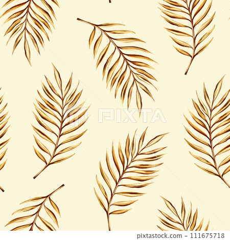 Watercolor seamless pattern with golden date palm branch illustration isolated on white background. Botanical and wedding and Ramadan Kareem or Eid Al Adha 2024 hand drawn decor. For designers, prints 111675718