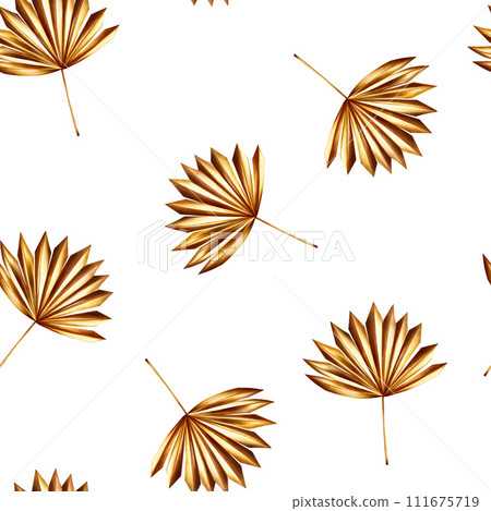 Watercolor seamless pattern with golden pampas grass illustrations isolated on white background. Botanical and wedding and Ramadan Kareem or Eid Al Adha 2024 hand drawn decor. For designers, prints 111675719
