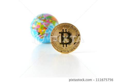 Bitcoin concept. World economy concept. New world currency.Golden coin bitcoin and globe. Bitcoin concept. World economy concept. New world currency.Golden coin bitcoin and globe. 111675756