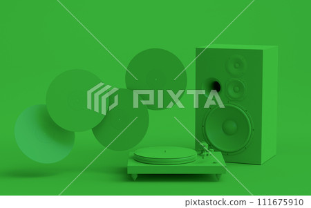 Set of Hi-fi speakers and DJ turntable for sound recording studio on monochrome 111675910
