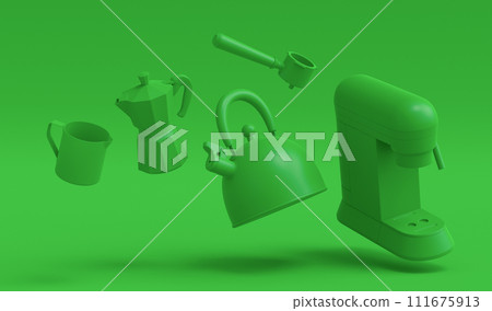 Espresso coffee machine with horn, kettle and geyser coffee maker on monochrome Espresso coffee machine with horn, kettle and geyser coffee maker on monochrome 111675913