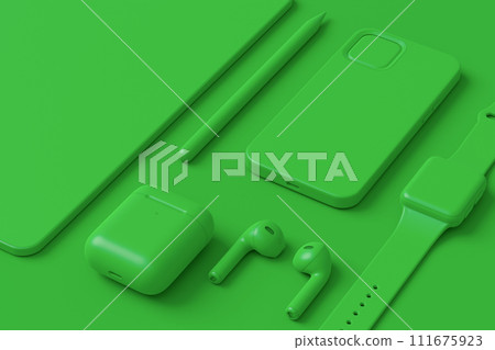 Computer tablet with stylus, smart watch, phone and headphones on monochrome 111675923