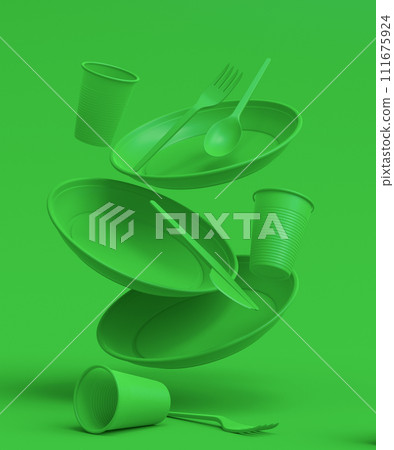 Set of disposable utensils like plate, folk, spoon,knife, cup and pepper mill 111675924