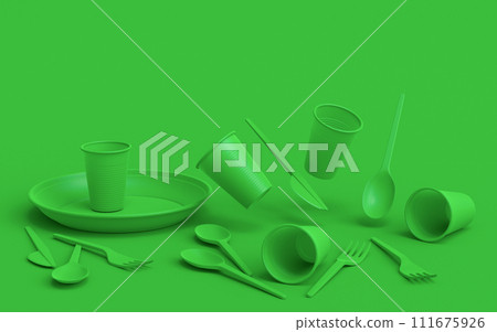 Set of disposable utensils like plate, folk, spoon,knife, cup and pepper mill Set of disposable utensils like plate, folk, spoon,knife, cup and pepper mill 111675926