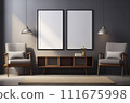 Two blank poster frame mock up in minimal style living room interior. Interior of modern living room with two empty posters on wall.  111675998