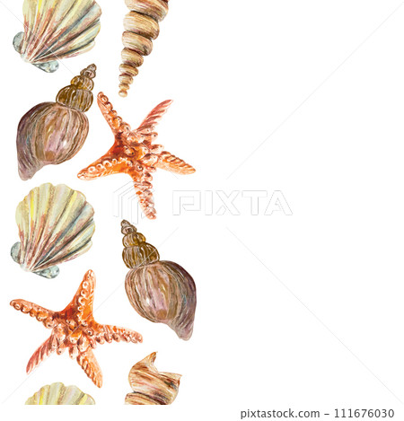 Seashells, starfish, seamless border, vertical, watercolor. Sea life vector illustration. Postcards, travel banners, labels, invitations, covers. Seashells, starfish, seamless border, vertical, watercolor. Sea life vector illustration. Postcards, travel banners, labels, invitations, covers. 111676030