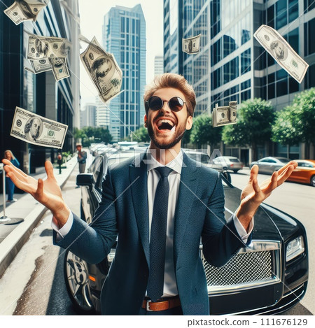 Happy successful businessman throws cash background a modern office building looking at camera Celebrate Winner success in betting stock market Happy successful businessman throws cash background a modern office building looking at camera Celebrate Winner success in betting stock market 111676129