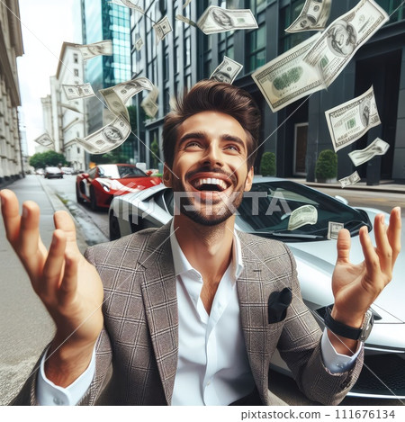 Happy successful businessman throws cash background a modern office building looking at camera Celebrate Winner success in betting stock market 111676134