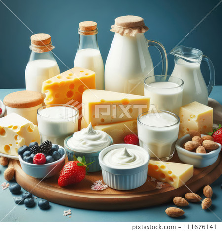 Different milk products: cheese, cream, milk, yoghurt. On a blue background. Different milk products: cheese, cream, milk, yoghurt. On a blue background. 111676141