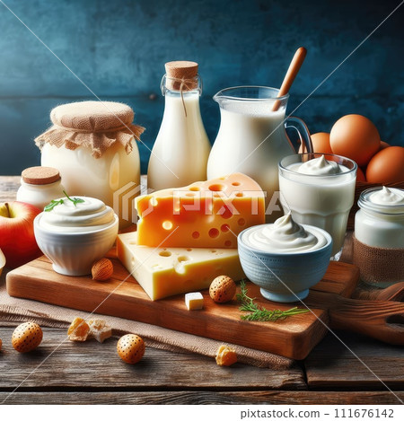 Different milk products: cheese, cream, milk, yoghurt. On a blue background. Different milk products: cheese, cream, milk, yoghurt. On a blue background. 111676142