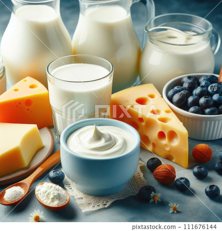 Different milk products: cheese, cream, milk, yoghurt. On a blue background. Different milk products: cheese, cream, milk, yoghurt. On a blue background. 111676144