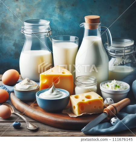 Different milk products: cheese, cream, milk, yoghurt. On a blue background. Different milk products: cheese, cream, milk, yoghurt. On a blue background. 111676145