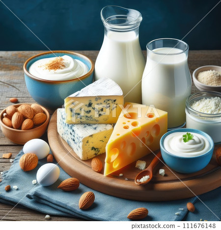 Different milk products: cheese, cream, milk, yoghurt. On a blue background. 111676148