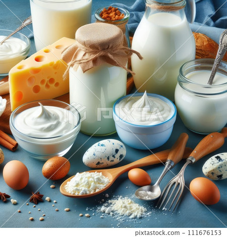Different milk products: cheese, cream, milk, yoghurt. On a blue background. 111676153
