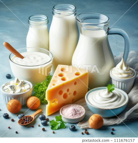 Different milk products: cheese, cream, milk, yoghurt. On a blue background. Different milk products: cheese, cream, milk, yoghurt. On a blue background. 111676157