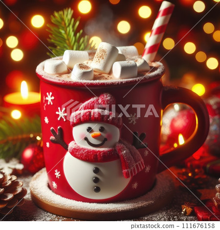 Red mug with hot chocolate with melted marshmallow snowman 111676158