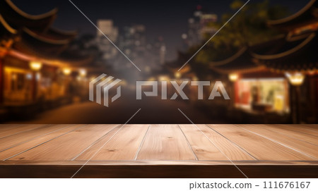 Wooden empty table with panorama of night asian city at background. Copy space. AI Generative Wooden empty table with panorama of night asian city at background. Copy space. AI Generative 111676167
