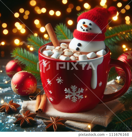 Red mug with hot chocolate with melted marshmallow snowman 111676168