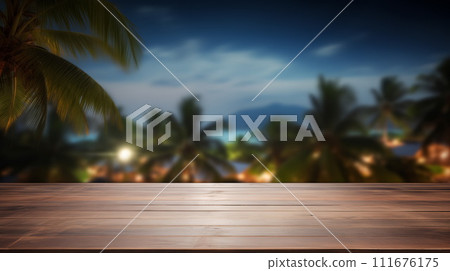 Wooden empty table or terrace with panorama of night tropical island village at background. Copy space. AI Generative 111676175