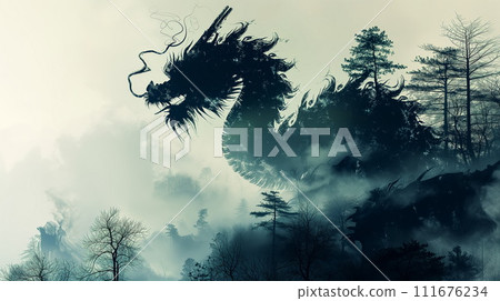 Black silhouette of oriental mythical forest dragon among trees. Nature spirit concept. AI Generative 111676234
