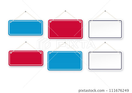 Red and blue shop door signs hanging isolated . Empty or blank sign for store, restaurant or cafe. Vector illustration 111676249
