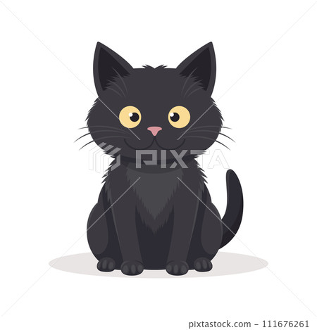 Vector Flat Black. Cartoon Cat Icon Isolated. Black Cute and Funny Cat in Front View 111676261
