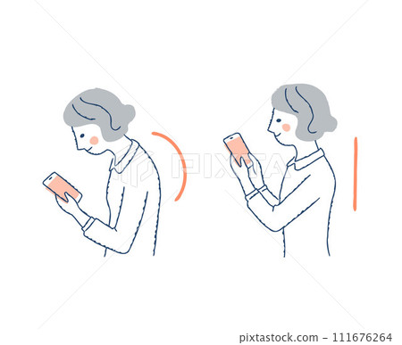 Woman operating a smartphone: Comparison of bad and good posture Woman operating a smartphone: Comparison of bad and good posture 111676264