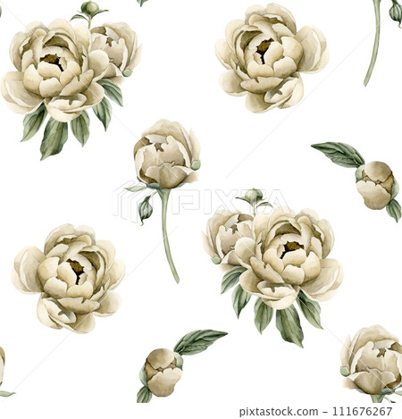 Floral watercolor seamless pattern with beige peony flowers, buds and green leaves on white background. For use in design, fabric, textile, scrapbooking, wallpaper, wrapping papper, gift boxes, greeti Floral watercolor seamless pattern with beige peony flowers, buds and green leaves on white background. For use in design, fabric, textile, scrapbooking, wallpaper, wrapping papper, gift boxes, greeti 111676267