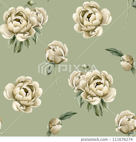 Floral watercolor seamless pattern with beige peony flowers, buds and green leaves on grey green background. For use in design, fabric, textile, scrapbooking, wallpaper, wrapping papper, gift boxes, g Floral watercolor seamless pattern with beige peony flowers, buds and green leaves on grey green background. For use in design, fabric, textile, scrapbooking, wallpaper, wrapping papper, gift boxes, g 111676274