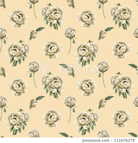Floral watercolor seamless pattern with beige peony flowers, buds and green leaves on light pink background. For use in design, fabric, textile, scrapbooking, wallpaper, wrapping papper, gift boxes, g 111676279