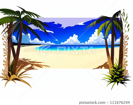 AI-generated landscape with palm trees, blue sky, and ocean 111676294